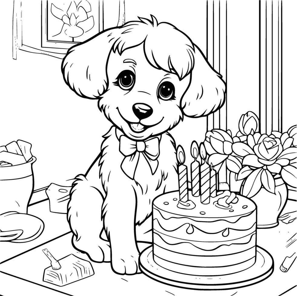 mignonne chien anniversaire coloration pages dessin pour des gamins vecteur