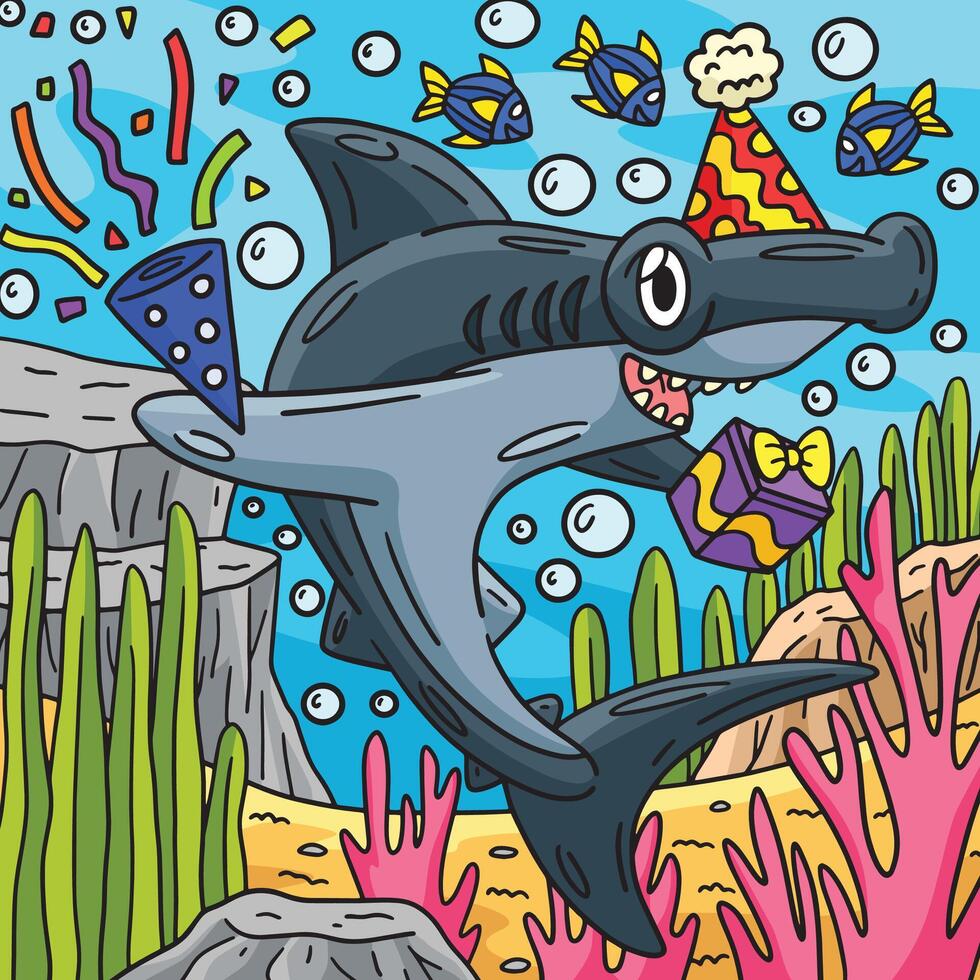 requin avec fête chapeau et confettis coloré dessin animé vecteur