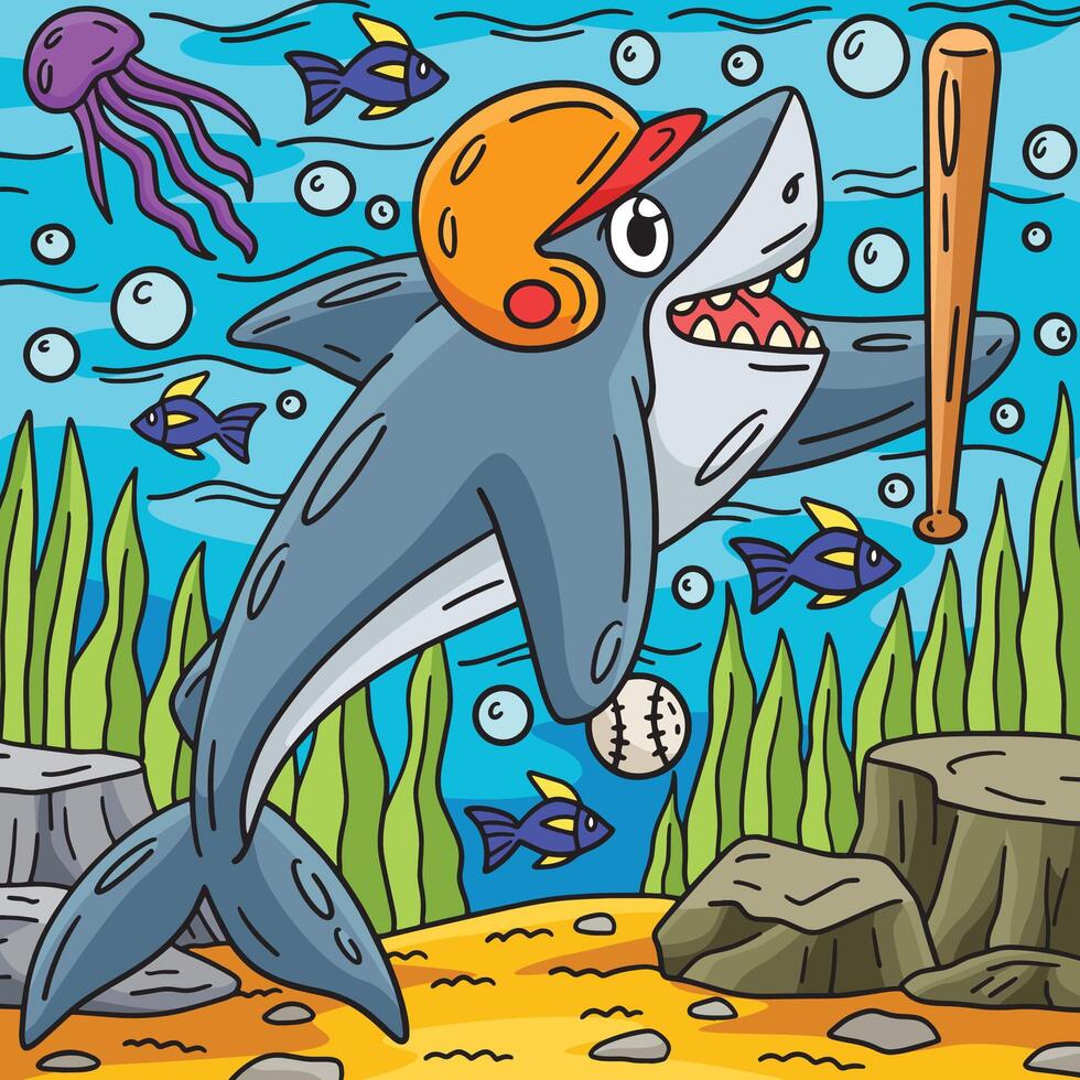 base-ball requin coloré dessin animé illustration vecteur