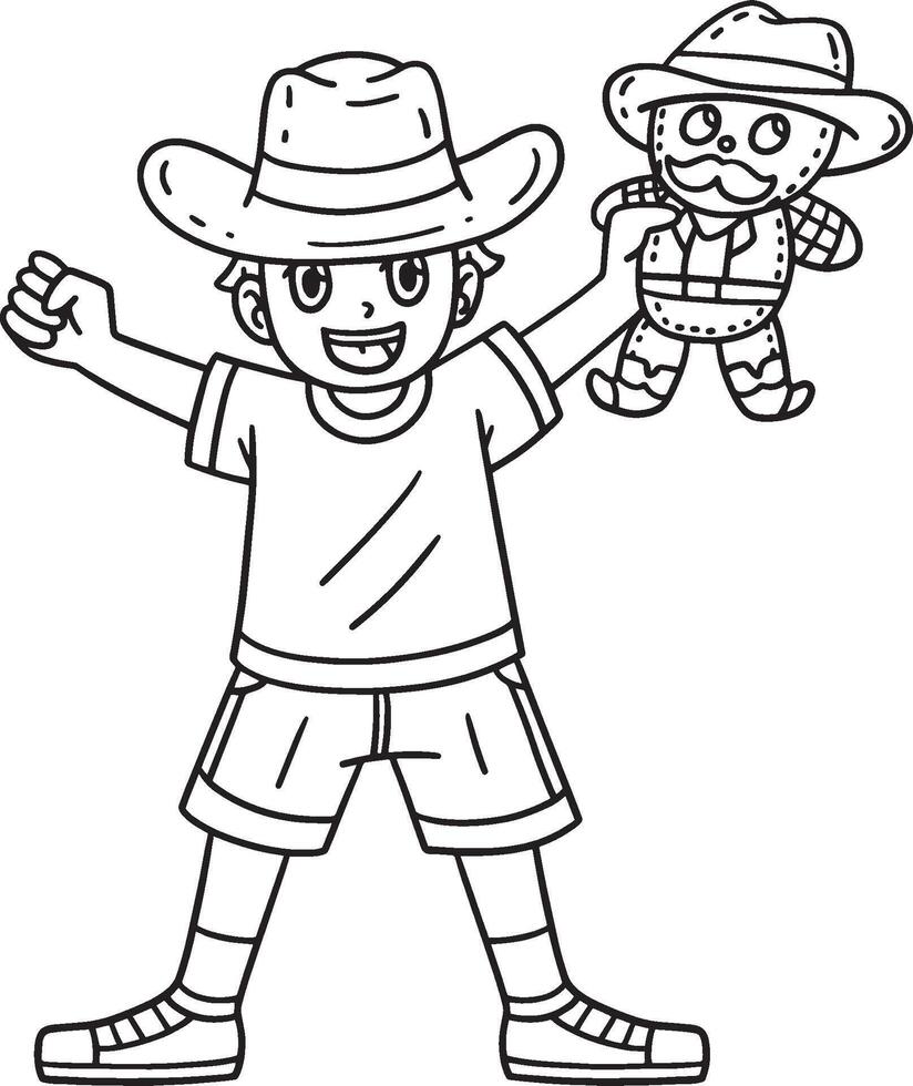 garçon avec une cow-boy jouet isolé coloration page vecteur