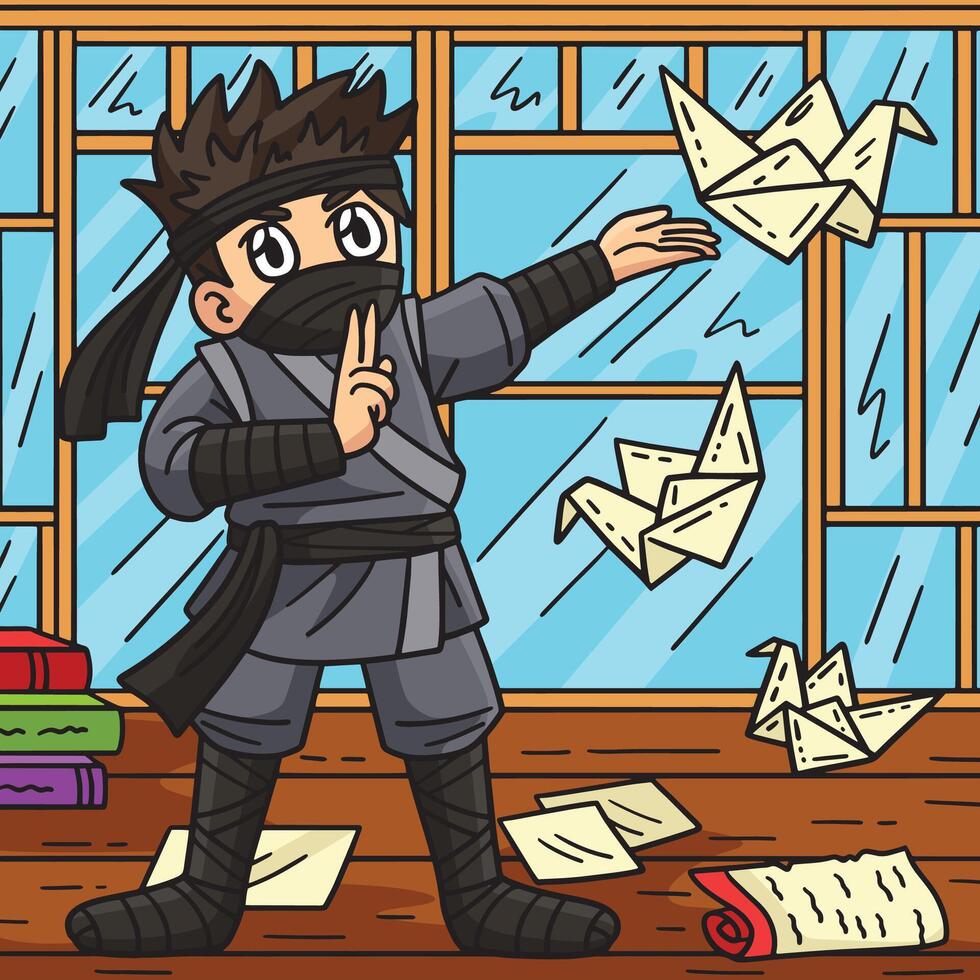 ninja avec un origami coloré dessin animé illustration vecteur