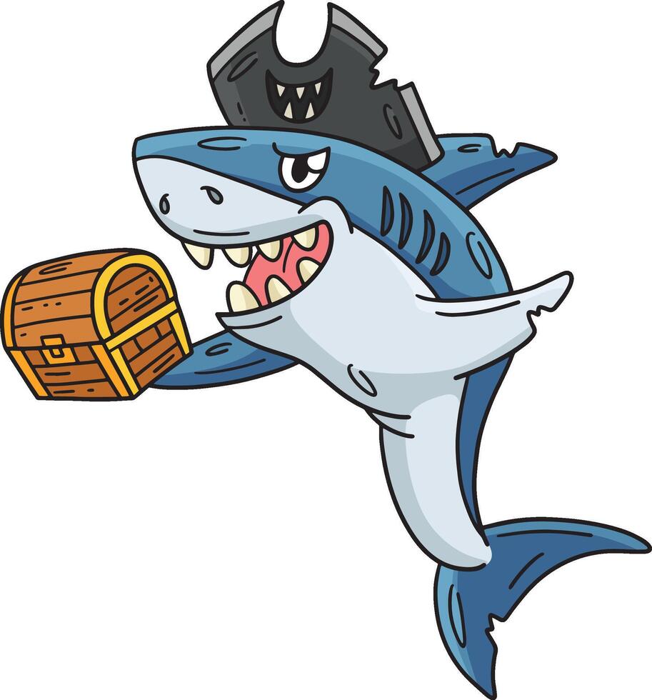 pirate requin avec une Trésor poitrine dessin animé clipart vecteur