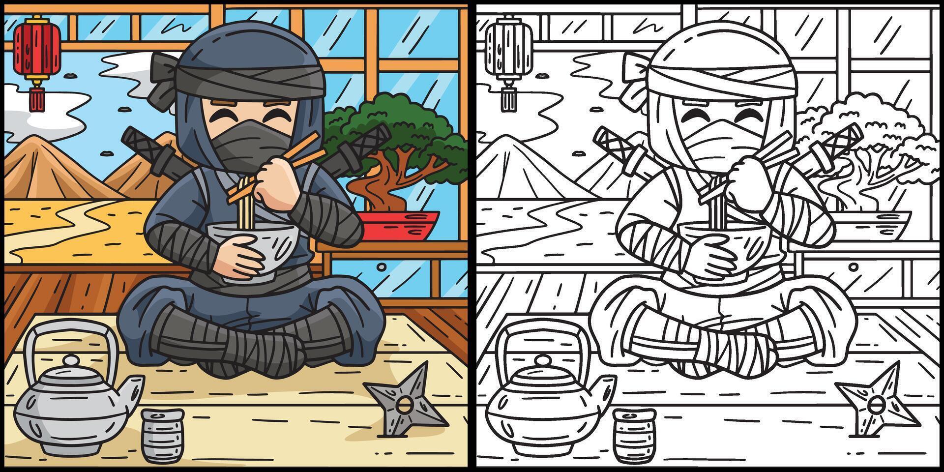 ninja en mangeant ramen coloration page illustration vecteur