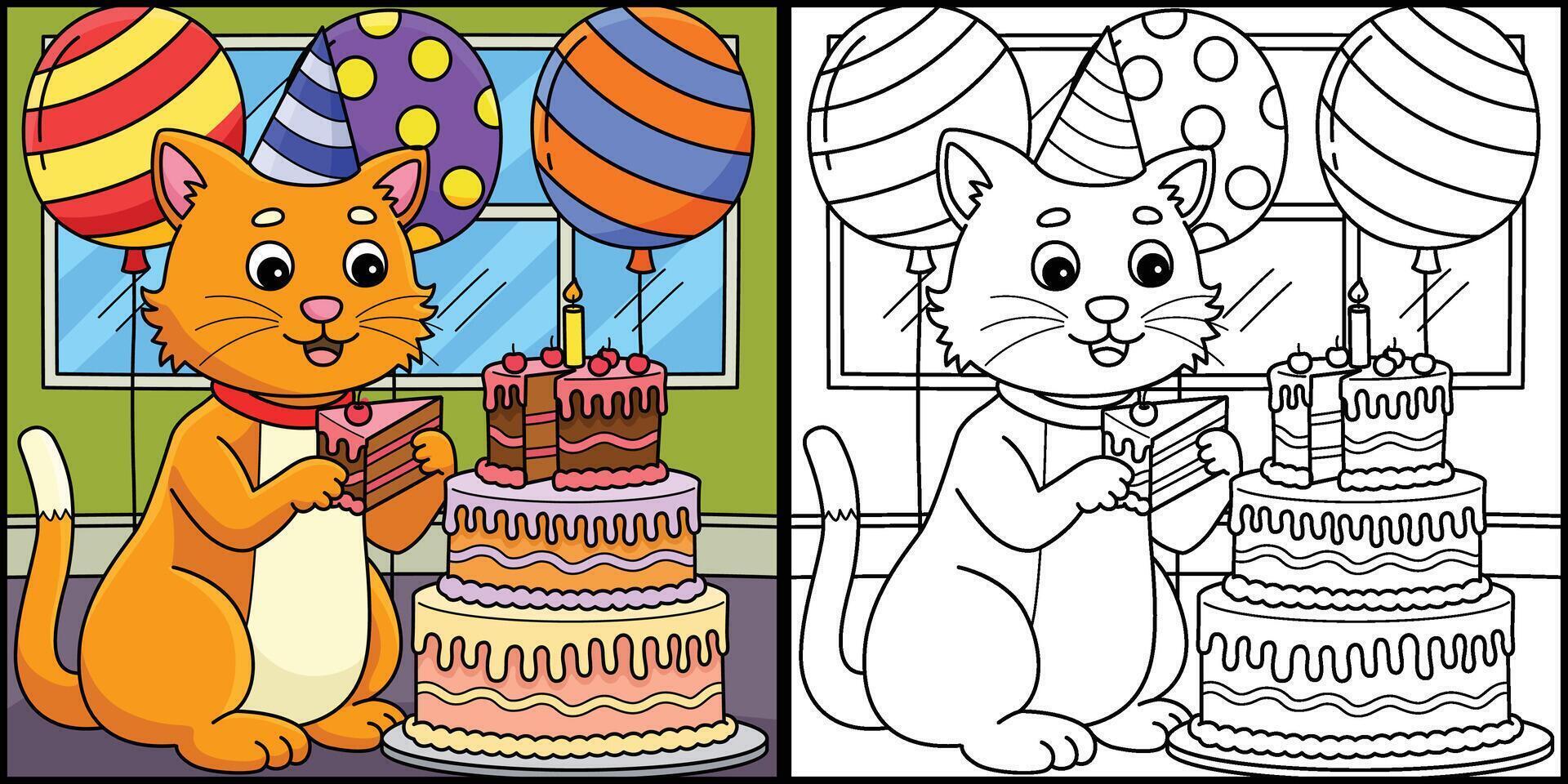 chat avec une anniversaire gâteau coloration illustration vecteur