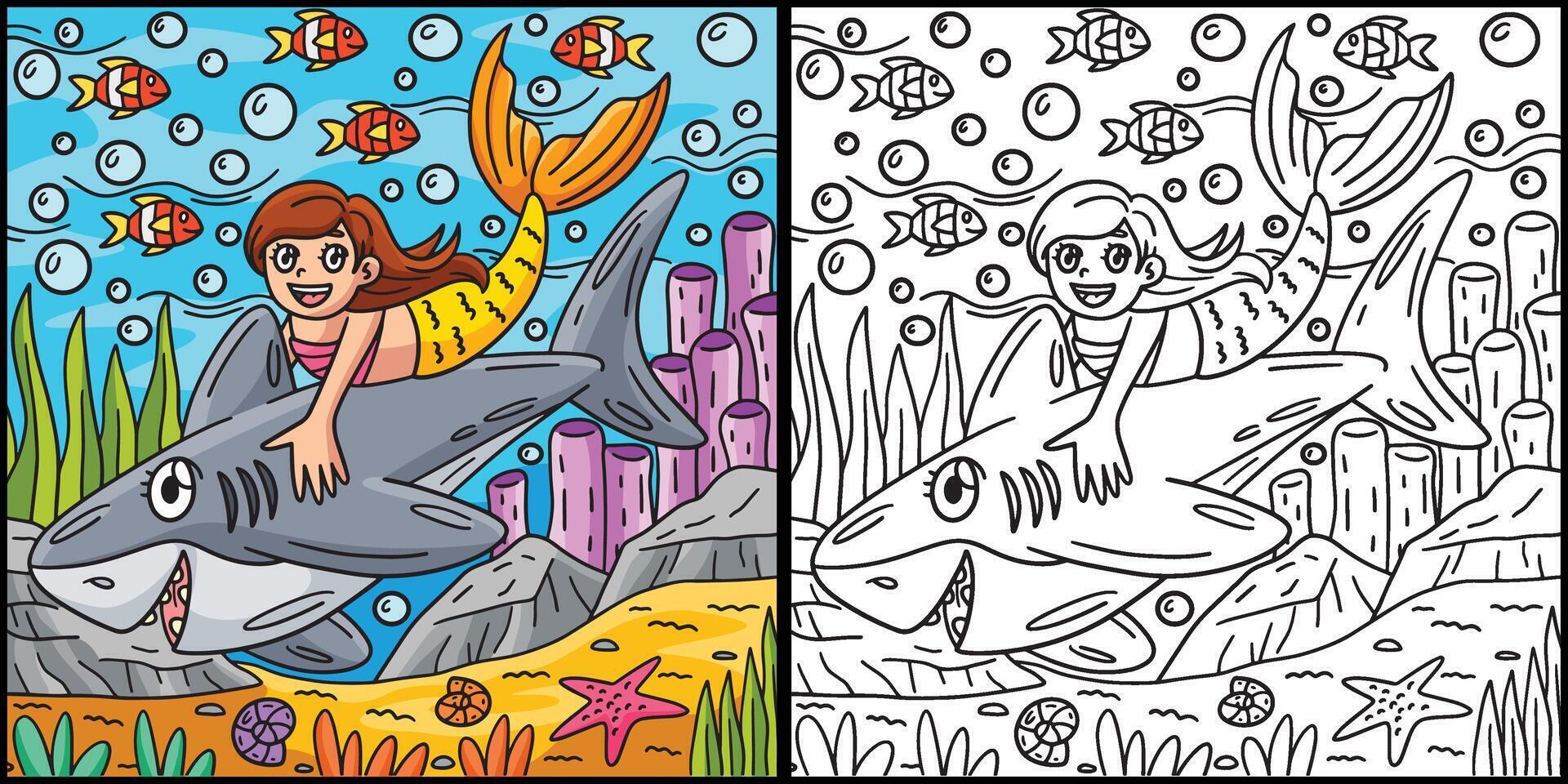 requin et Sirène coloration page illustration vecteur
