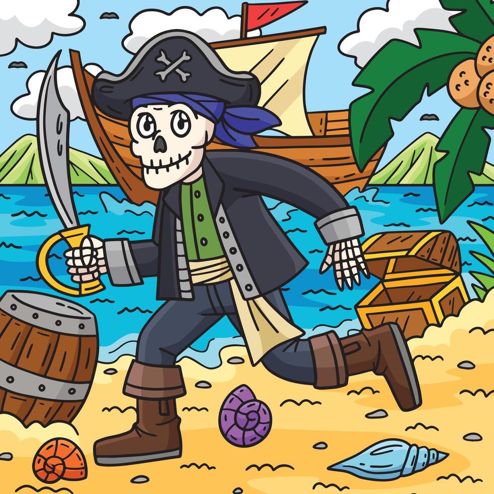 squelette pirate avec une coutelas coloré dessin animé vecteur