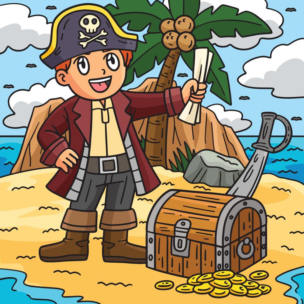 pirate et Trésor poitrine coloré dessin animé vecteur