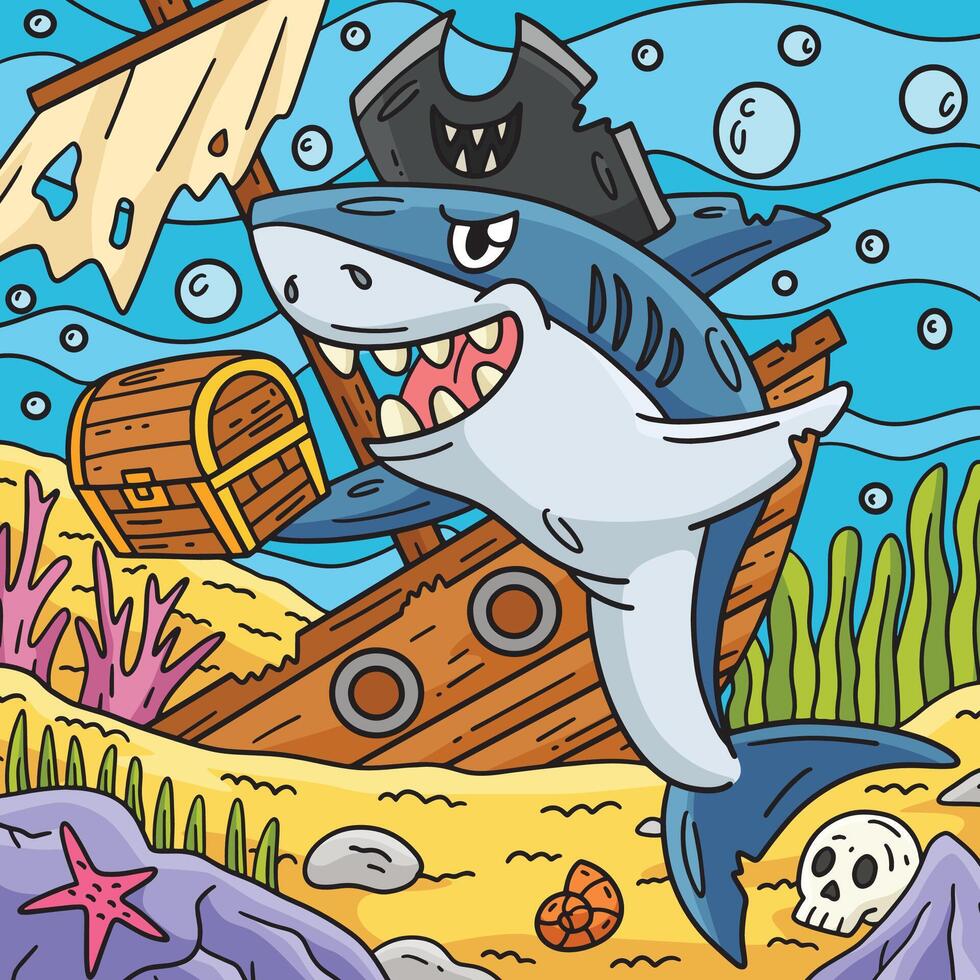 pirate requin avec une Trésor poitrine coloré dessin animé vecteur