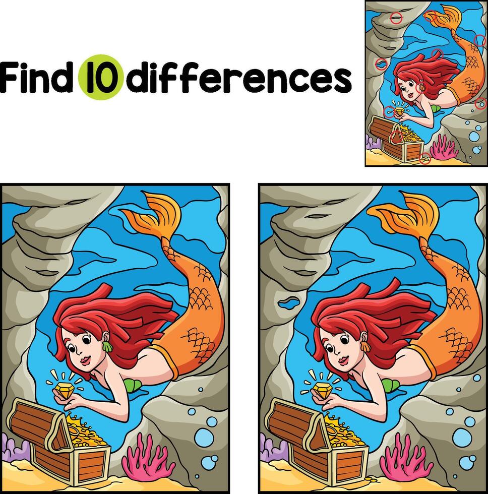 Sirène avec une Trésor boîte trouver le différences vecteur