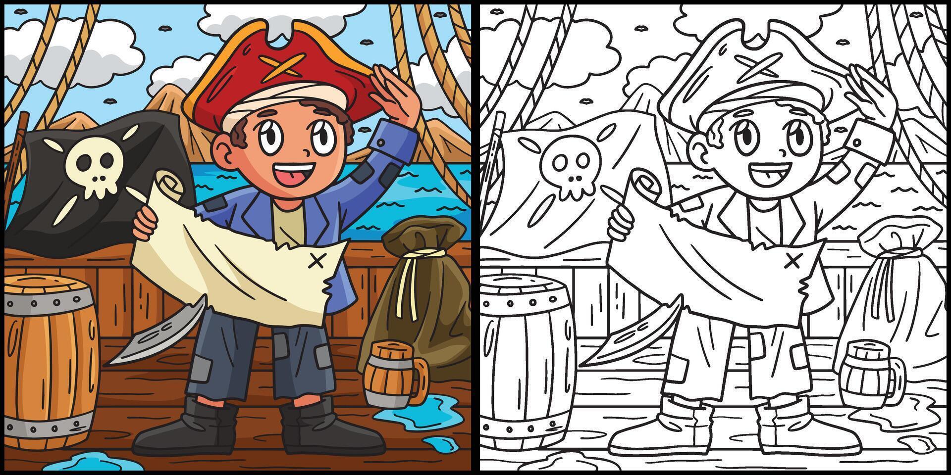 pirate avec Trésor carte coloration illustration vecteur