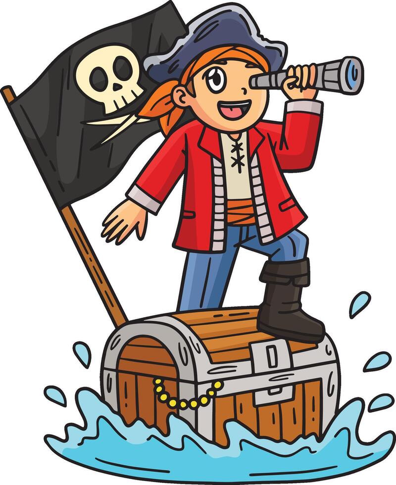 pirate et poitrine flottant plus de mer dessin animé clipart vecteur