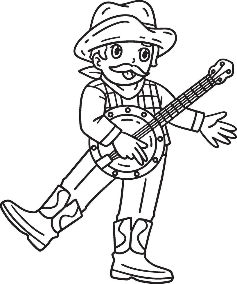 cow-boy en jouant banjo isolé coloration page vecteur
