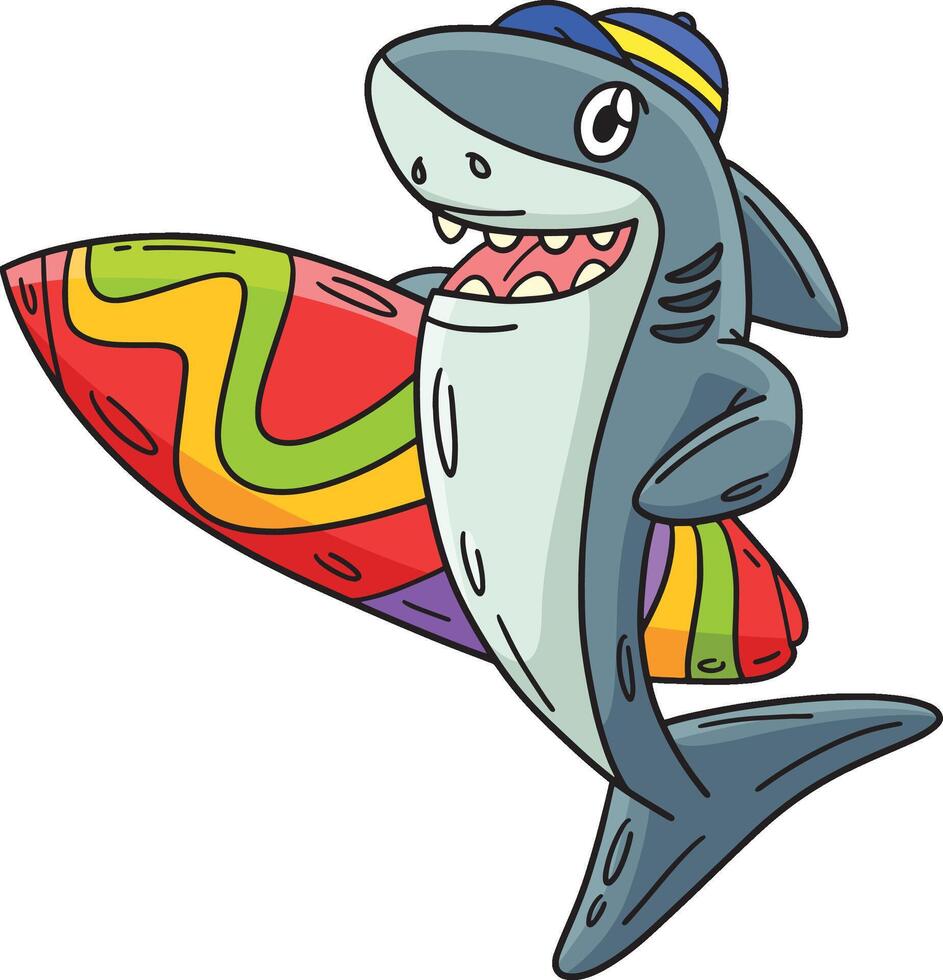 requin avec planche de surf dessin animé coloré clipart vecteur