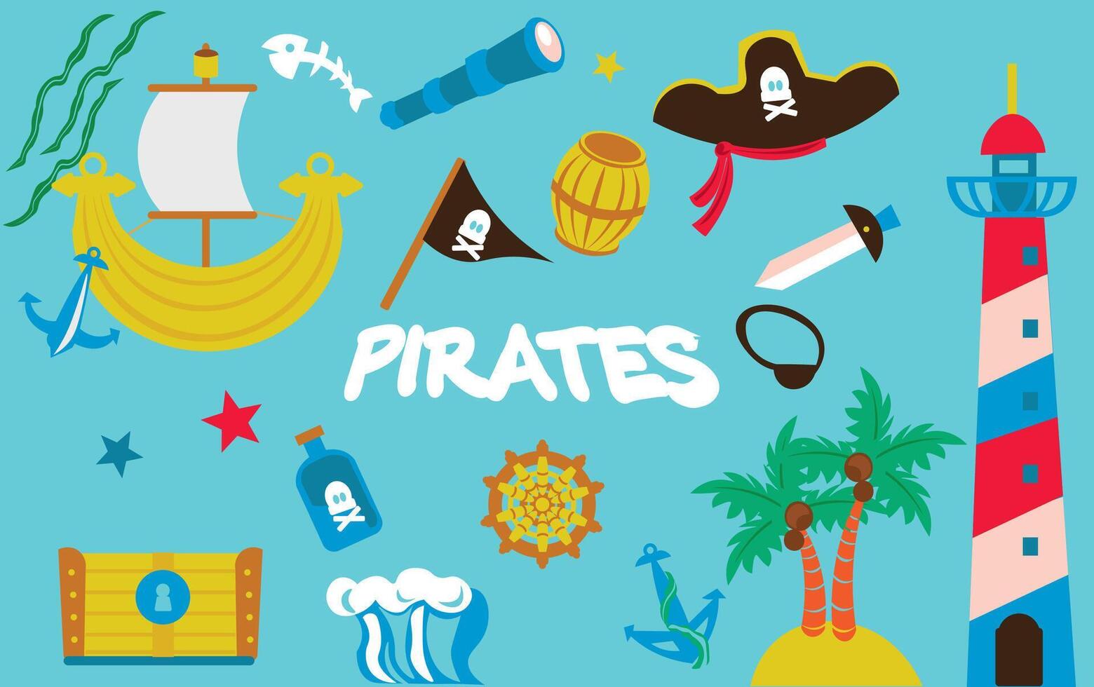 collection de adorable pirates, voile bateau, Trésor poitrine, phare, pirate chapeau, vague isolé, jumelles, baril, drapeau ancre sur bleu Contexte. puéril vecteur illustration dans plat dessin animé style