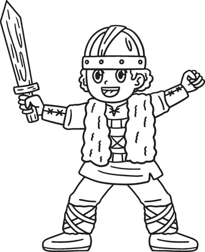 viking enfant avec en bois épée isolé coloration vecteur