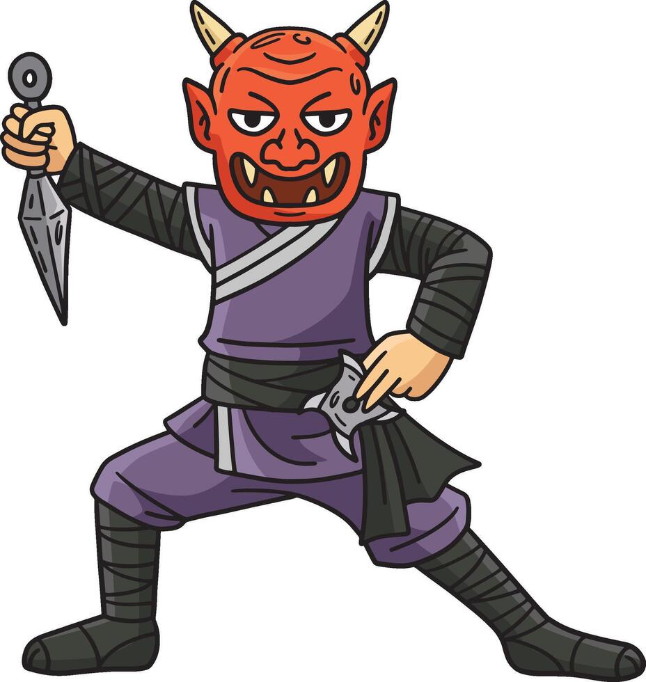 ninja portant oni masque dessin animé coloré clipart vecteur