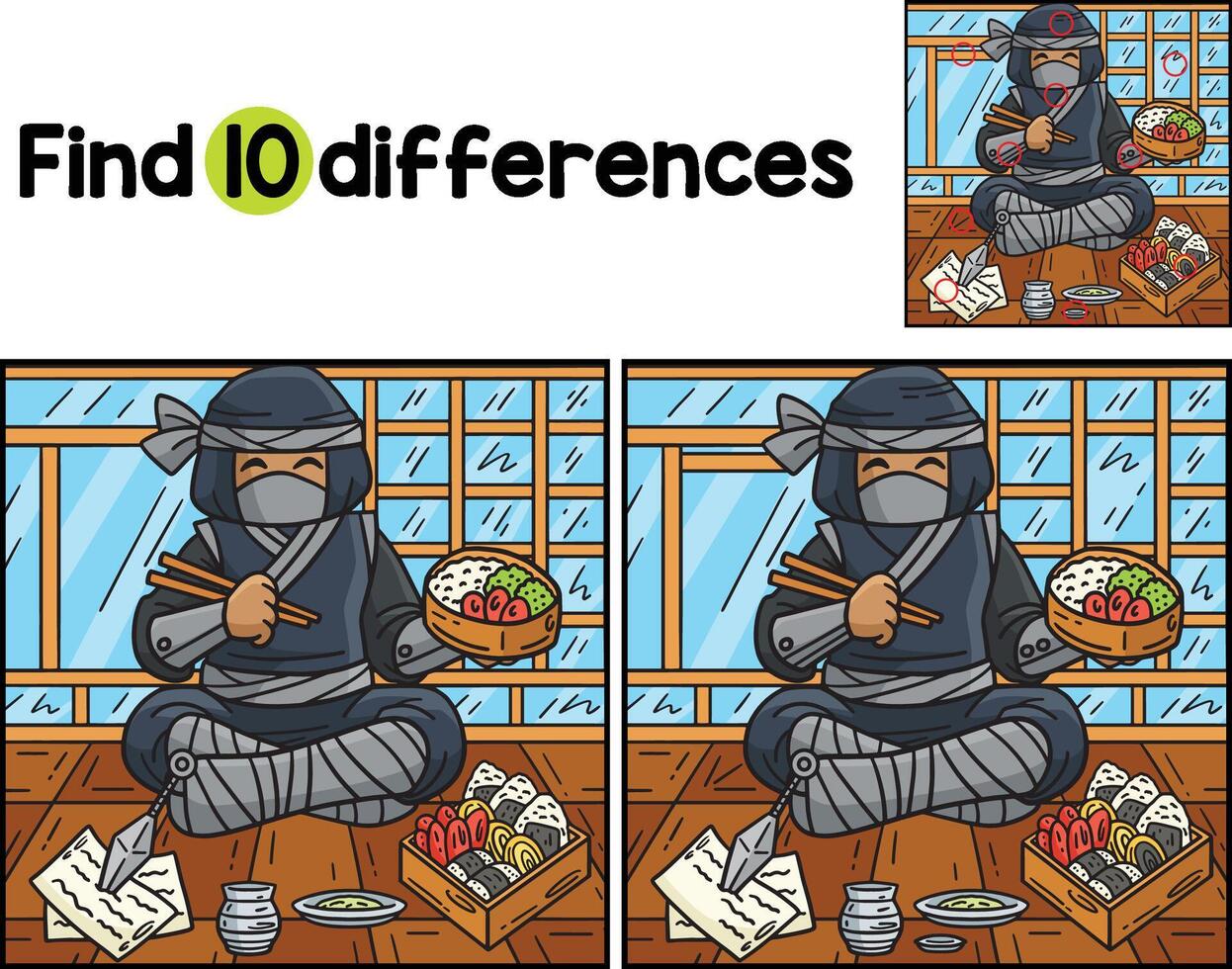 ninja en mangeant bento trouver le différences vecteur