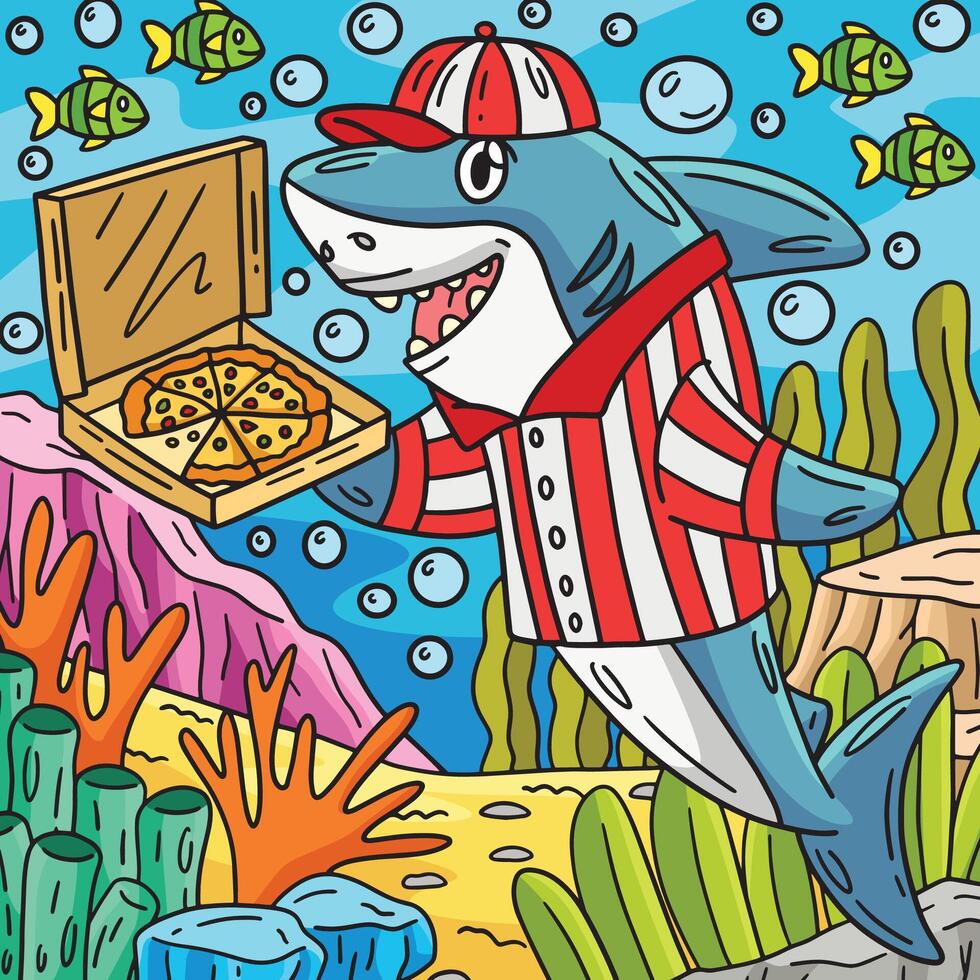 Pizza requin coloré dessin animé illustration vecteur