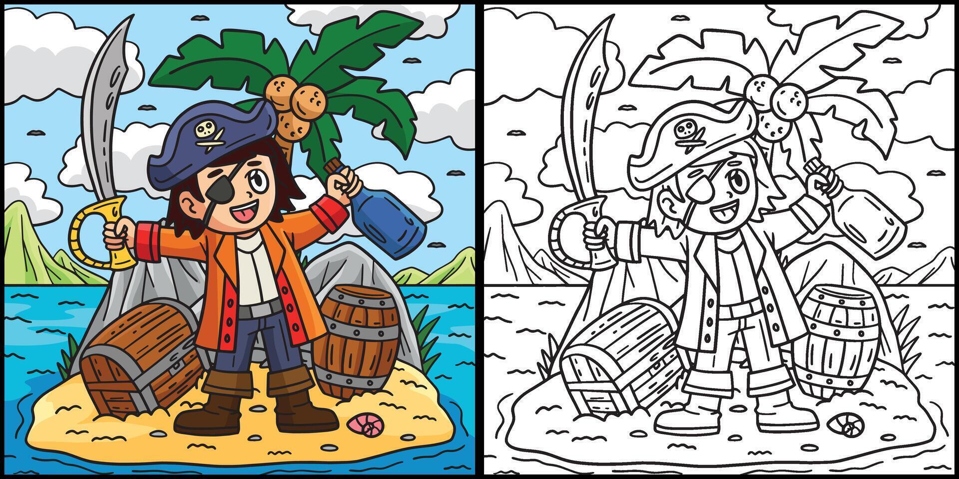 pirate capitaine sur un île coloration illustration vecteur