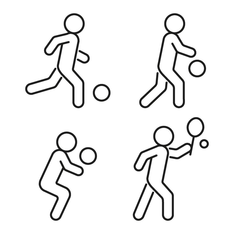 sport avec balle, ligne icône ensemble. gens jouer dans basket-ball, football, football, tennis, volley-ball. joueur coups de pied balle. vecteur illustration