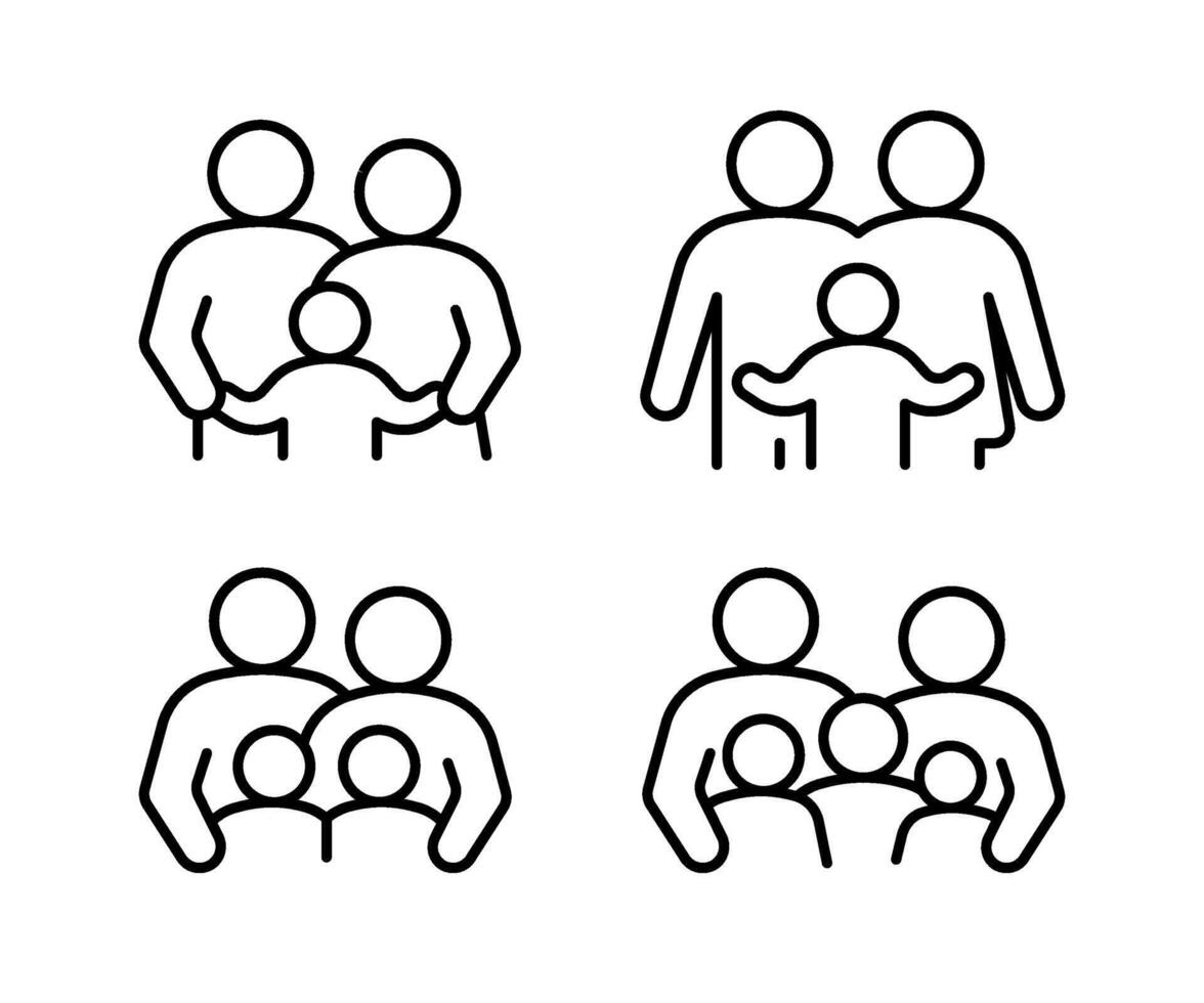 famille avec enfants, ligne icône ensemble. des gamins étreinte avec père et mère, parents. content différent famille. vecteur contour illustration