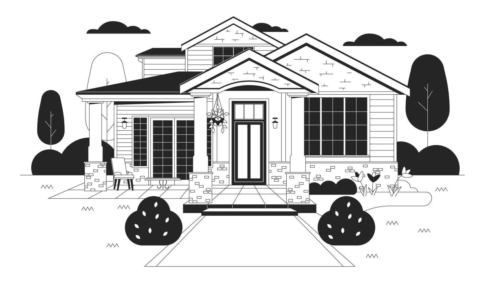 bungalow pays maison noir et blanc dessin animé plat illustration. Nouveau ranch maison. pendaison plante sur porche extérieur 2d lineart objet isolé. réel biens logement monochrome scène vecteur contour image