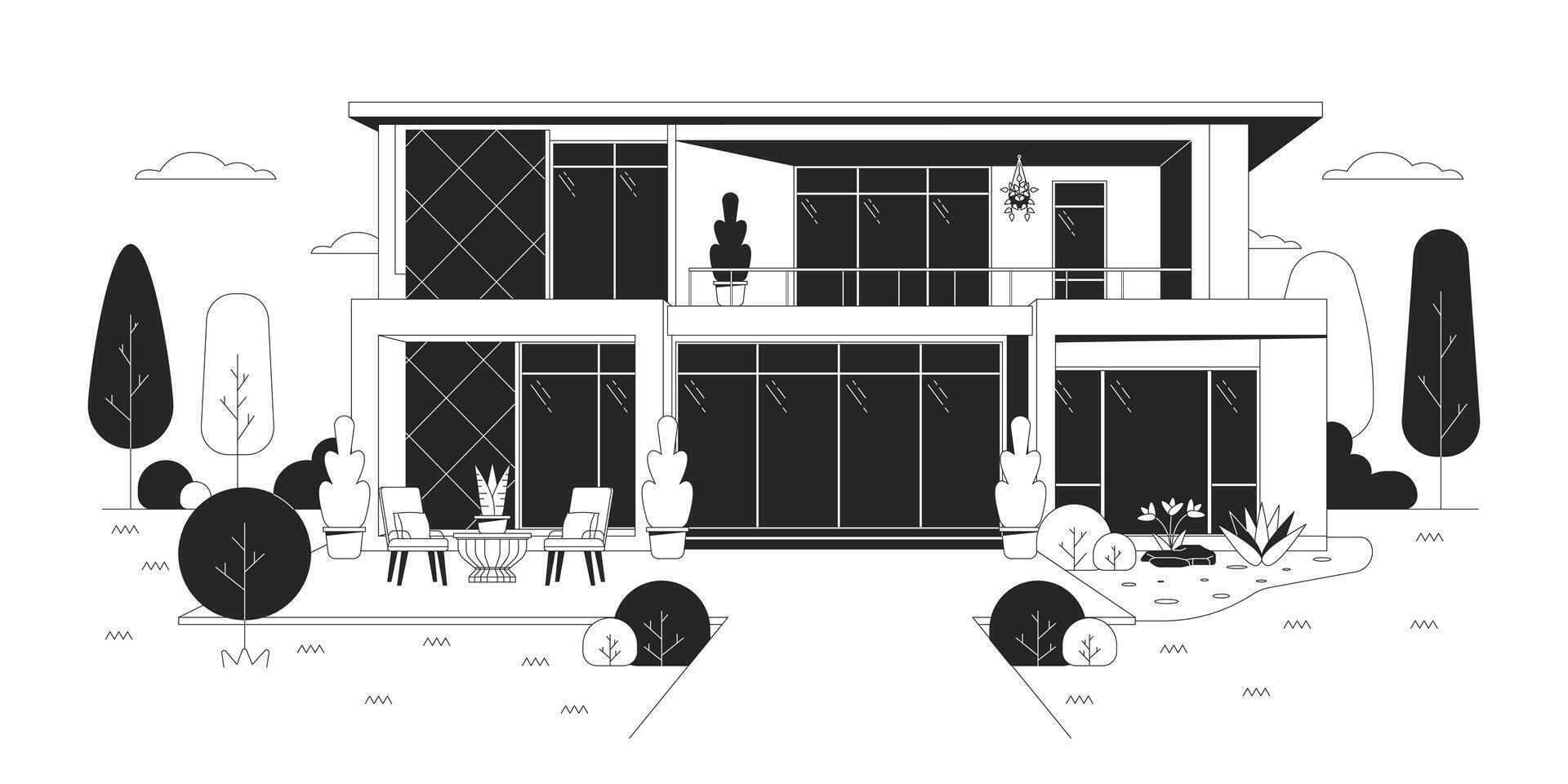 moderne verre maison villa noir et blanc dessin animé plat illustration. aménagement paysager des buissons. de face bâtiment extérieur 2d lineart objet isolé. réel biens logement monochrome scène vecteur contour image