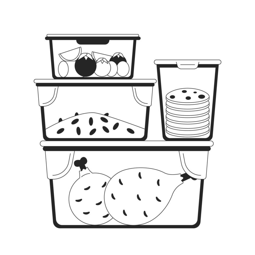 repas préparation conteneurs Plastique noir et blanc 2d ligne dessin animé objet. Plastique nourriture emballage isolé vecteur contour article. le déjeuner des boites. espace de rangement les restes monochromatique plat place illustration