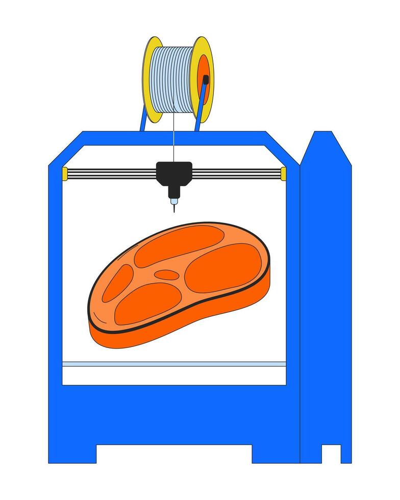 synthétique Viande sur 3d imprimante 2d linéaire dessin animé objet. additif fabrication dispositif isolé ligne vecteur élément blanc Contexte. La technologie tridimensionnel impression Couleur plat place illustration