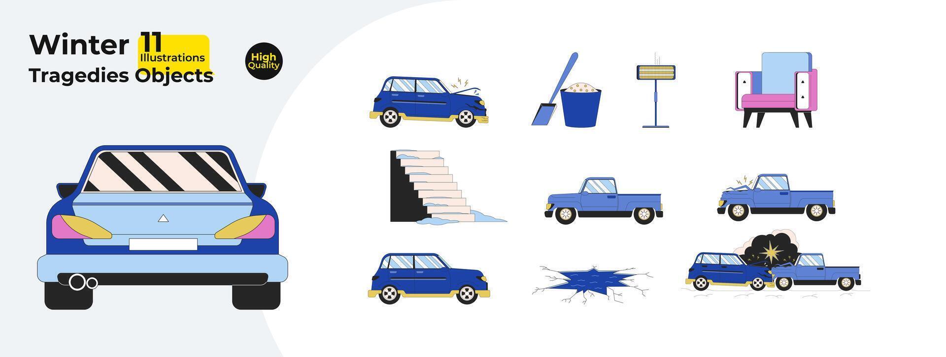 temps l'hiver 2d linéaire dessin animé objets empaqueter. circulation accident, voiture Véhicules isolé ligne vecteur articles blanc Contexte. glacé pas, électrique chauffe-eau Couleur plat place illustration collection