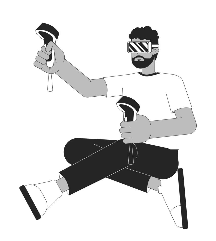 noir gars vr joueur noir et blanc 2d ligne dessin animé personnage. africain américain homme avec vr des lunettes et contrôleurs isolé vecteur contour personne. vidéo Jeux monochromatique plat place illustration