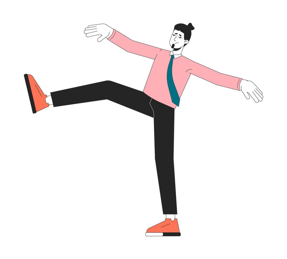 équilibre perdant Masculin Bureau ouvrier 2d linéaire dessin animé personnage. instable homme déséquilibré permanent sur un jambe isolé ligne vecteur la personne blanc Contexte. emploi instabilité Couleur plat place illustration