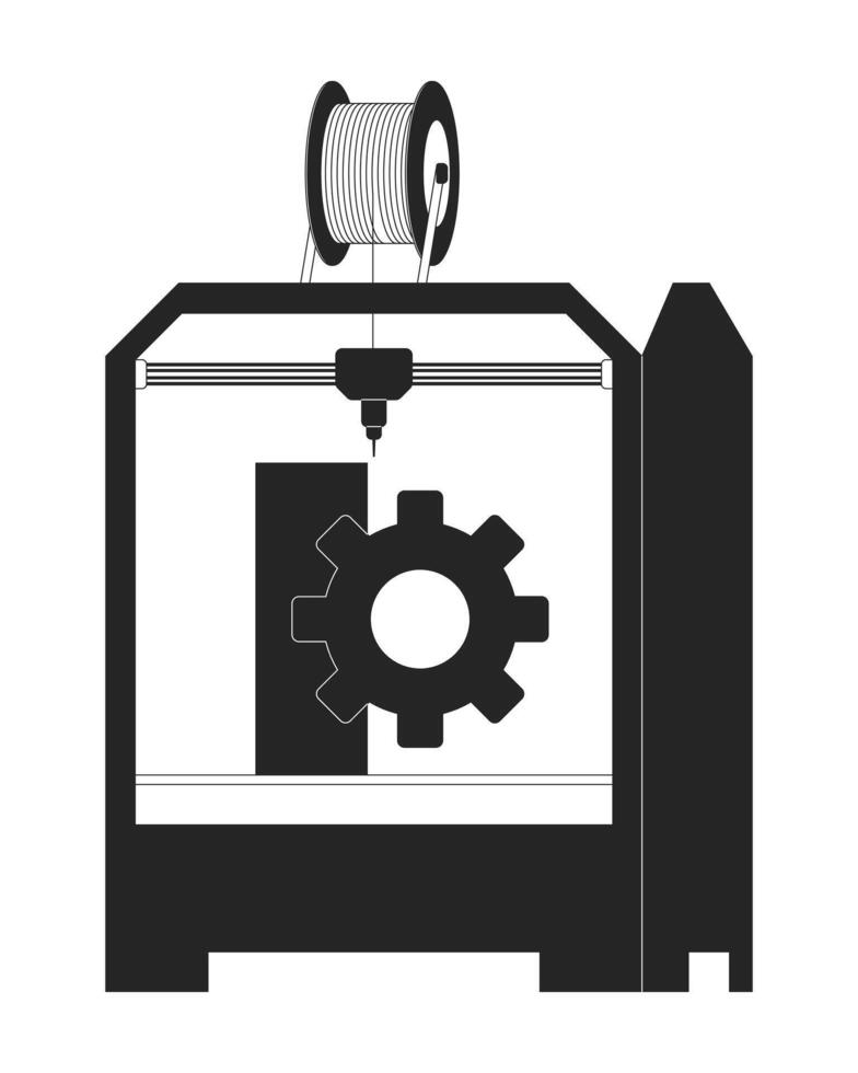 équipement machine partie sur 3d imprimante noir et blanc 2d ligne dessin animé objet. additif fabrication roue dentée isolé vecteur contour article. La technologie tridimensionnel monochromatique plat place illustration