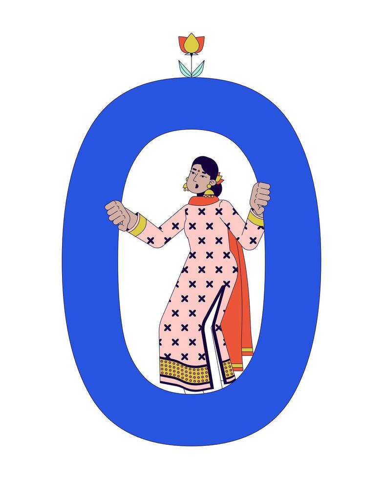 Indien femelle Logiciel développeur 2d linéaire dessin animé personnage. femme dans chiffre zéro isolé ligne vecteur la personne blanc Contexte. binaire code partie dans programmation Couleur plat place illustration