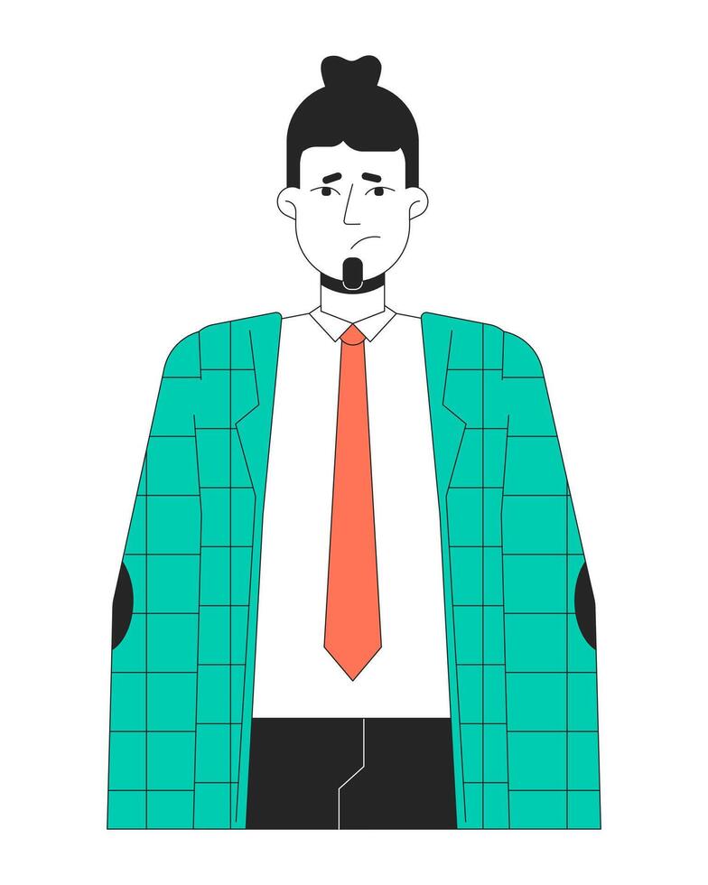 caucasien Masculin Bureau ouvrier malheureux 2d linéaire dessin animé personnage. dérangé découragé adulte isolé ligne vecteur la personne blanc Contexte. triste homme employé soupirs Couleur plat place illustration