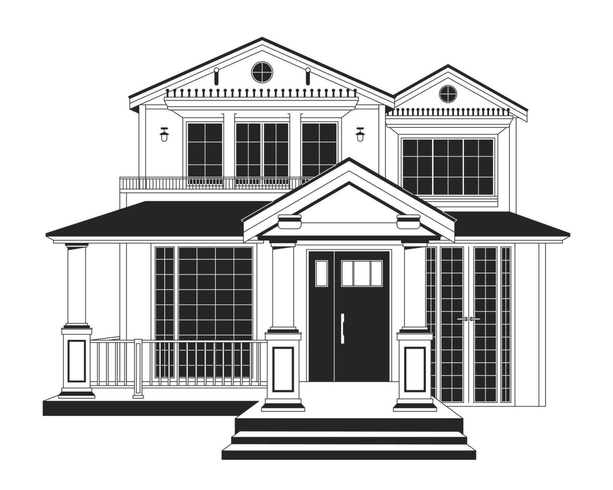 de banlieue Accueil noir et blanc 2d ligne dessin animé objet. moderne ferme. ferme maison. logement domaine. vivant bâtiment isolé vecteur contour article. propriété extérieur monochromatique plat place illustration