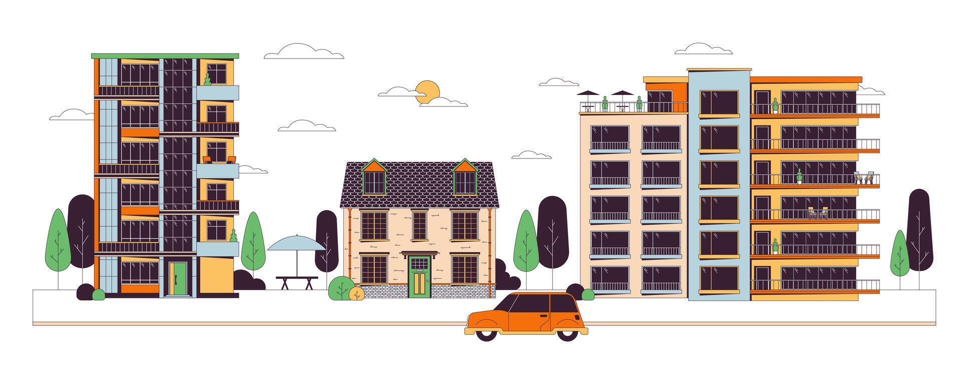 centre ville copropriétés ligne dessin animé plat illustration. condos maison. voiture équitation rue. de face vue bâtiment extérieur 2d lineart objet isolé sur blanc Contexte. réel biens scène vecteur Couleur image