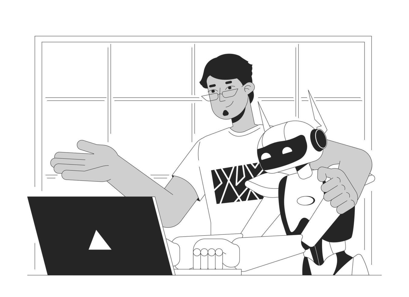 ai l'intégration noir et blanc dessin animé plat illustration. ingénieur enseignement robot à développer Logiciel 2d lineart personnages isolé. machine apprentissage La technologie monochrome scène vecteur contour image