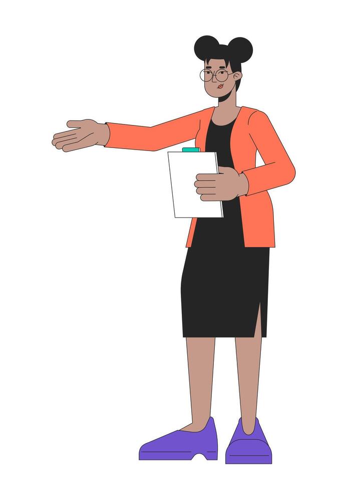 Afro-américain femme Bureau ouvrier 2d linéaire dessin animé personnage. femelle employé montrer du doigt bras isolé ligne vecteur la personne blanc Contexte. prof main tendu Couleur plat place illustration