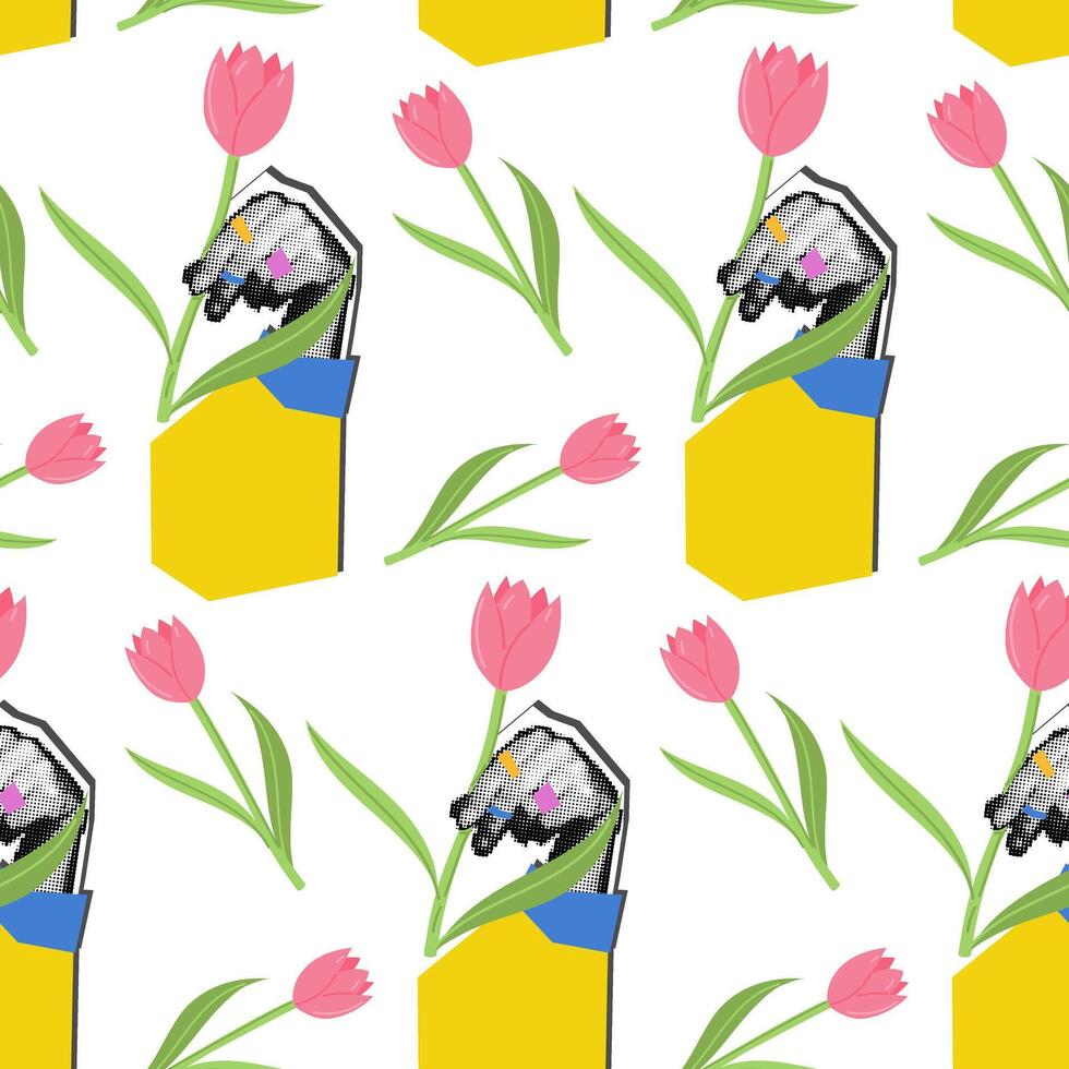 le modèle de une femme main sur répéter avec une fleur. vecteur illustration de femelle mains en portant fleurs Souligné sur blanche. élégant floral texture avec tulipes. aux femmes journée. des points, grunge, collage