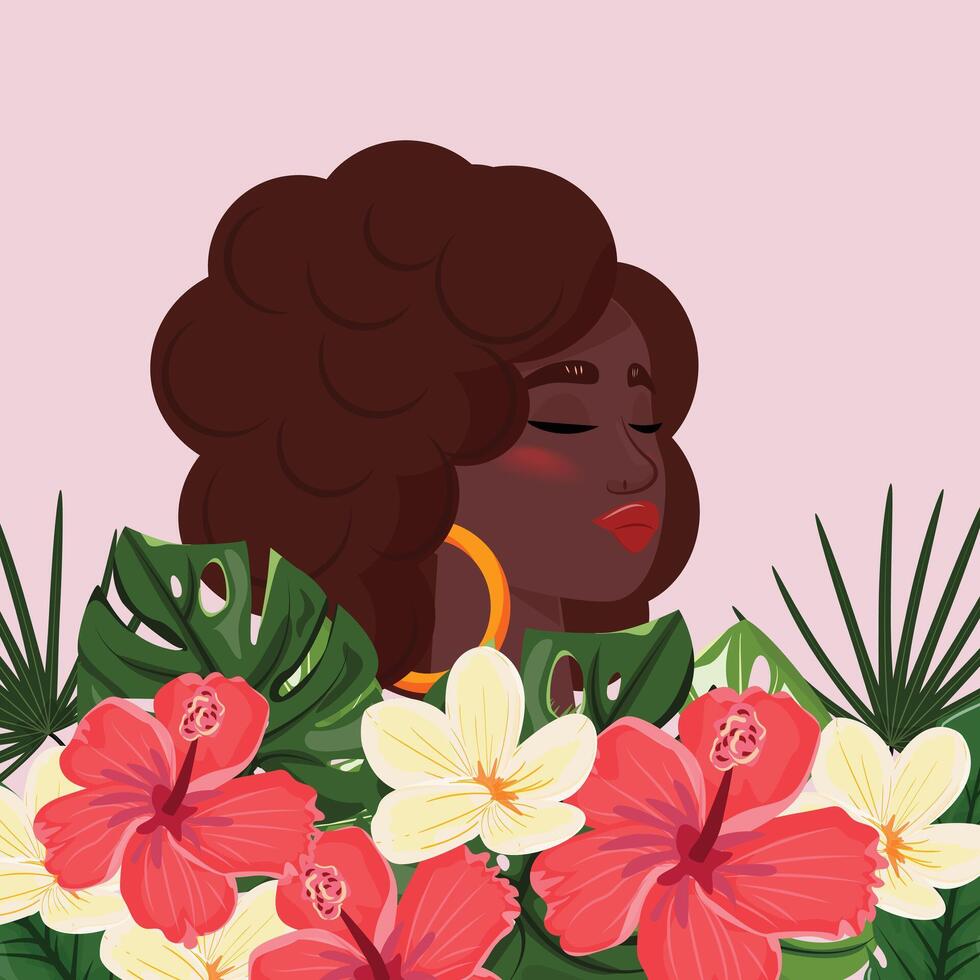 portrait de une noir femme parmi tropical fleurs et feuilles vecteur