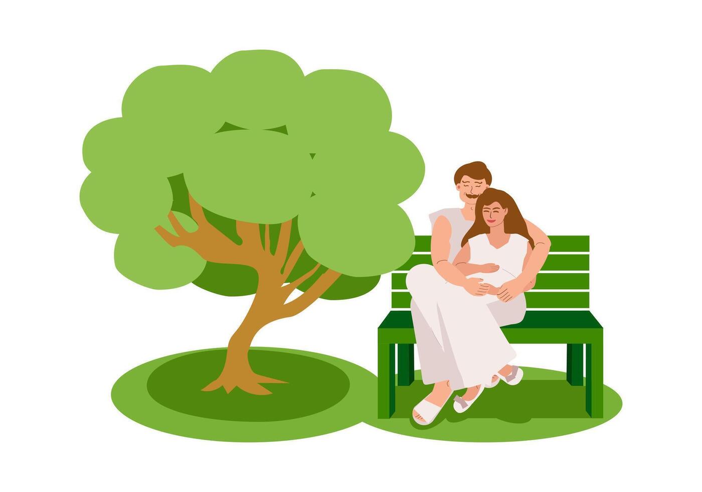 une Jeune marié couple, une mari et une Enceinte épouse, sont séance dans un embrasse sur une parc banc près une arbre dans le été. futur parents, grossesse, rencontre, vacances. vecteur plat illustration.