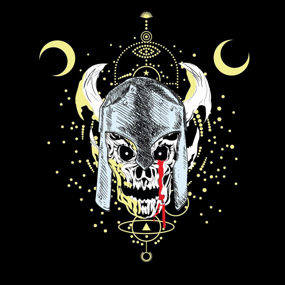 crâne T-shirt conception avec cornu casque et deux les lunes sur une noir Contexte. démoniaque image. vecteur