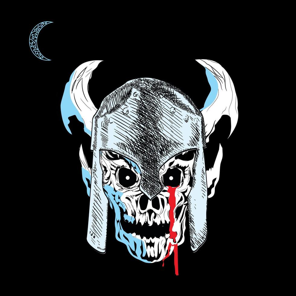 crâne T-shirt conception avec casque et cornes et une petit lune sur une noir Contexte. vecteur