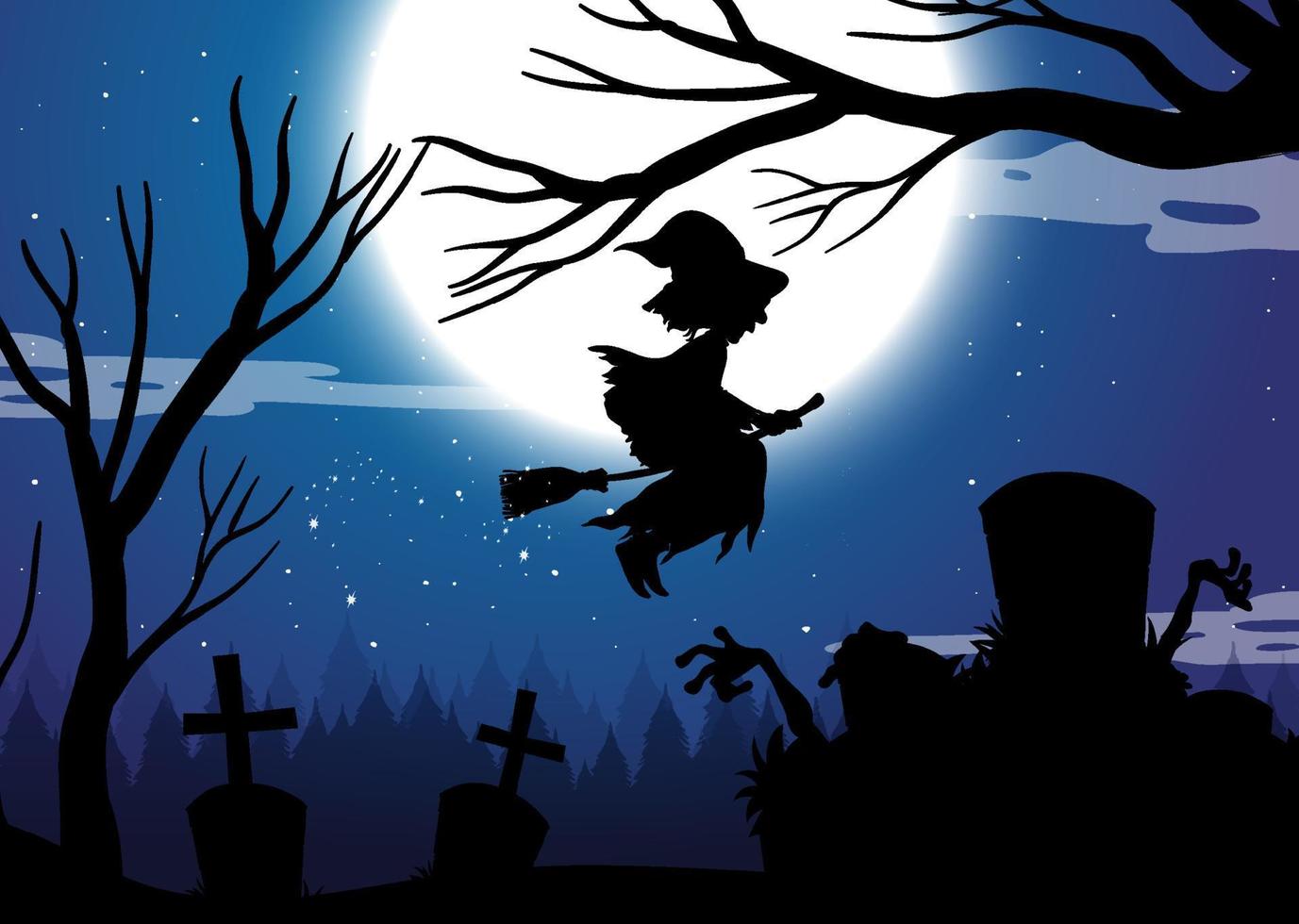 fond de nuit d'halloween avec la silhouette de la sorcière vecteur