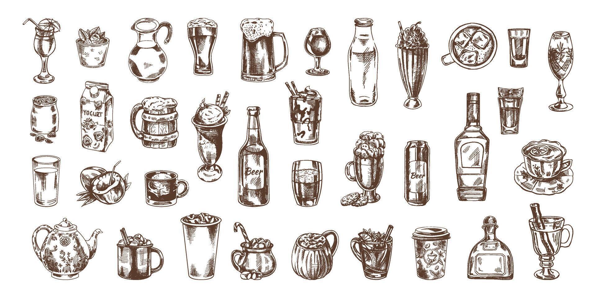 une ensemble de dessiné à la main croquis de boissons. vecteur illustration dans ancien style. breuvages. bien pour le menu.