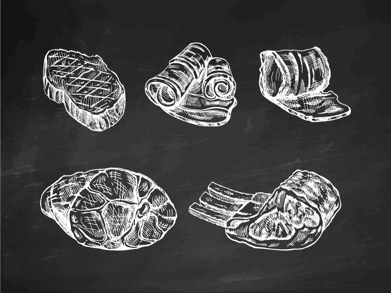 ensemble de dessiné à la main croquis de Viande pièces, du boeuf steak, jambon, porc, bacon, côtes. Frais Viande des produits sur tableau noir Contexte. pour conception de menu, Boucher magasin. gravé illustration. vecteur