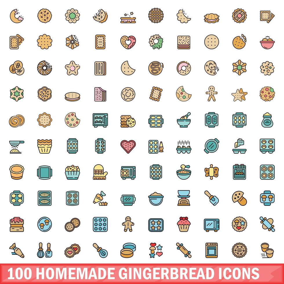 100 fait maison pain d'épice Icônes ensemble, Couleur ligne style vecteur