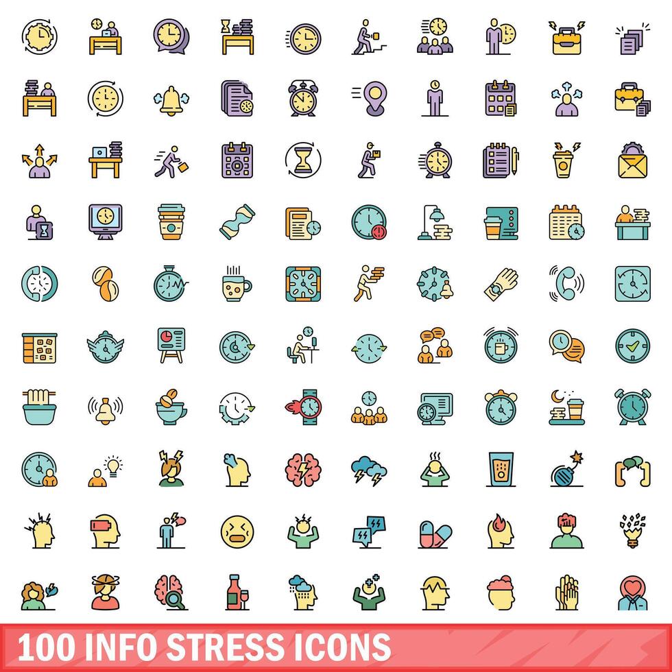 100 Info stress Icônes ensemble, Couleur ligne style vecteur