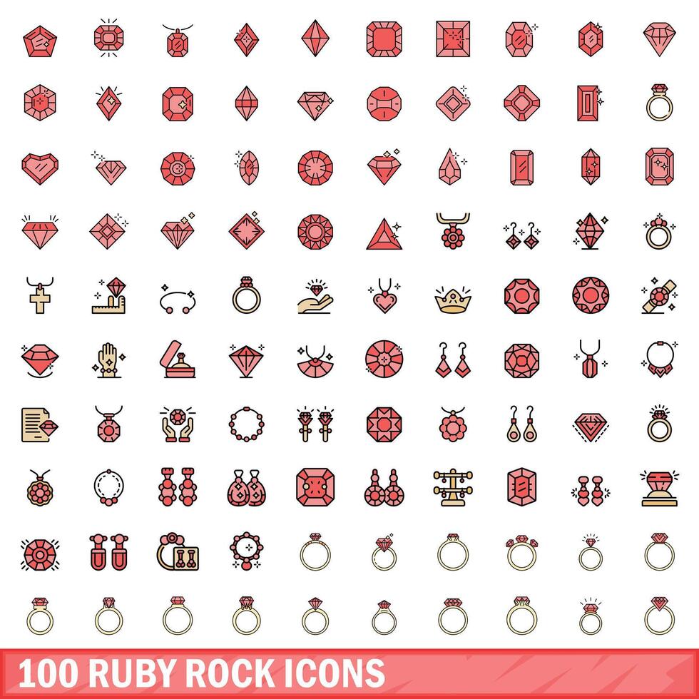 100 rubis Roche Icônes ensemble, Couleur ligne style vecteur